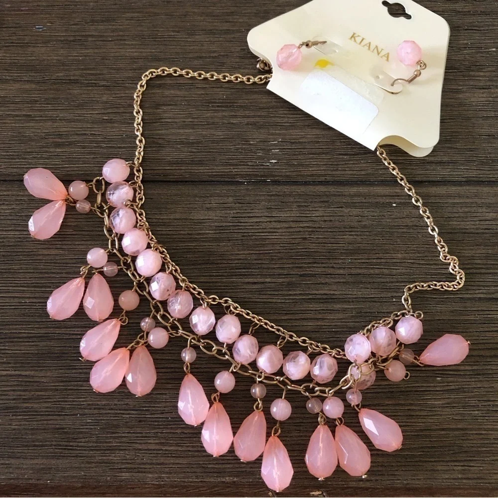 Gold and pink beaded necklace and earrings matching set